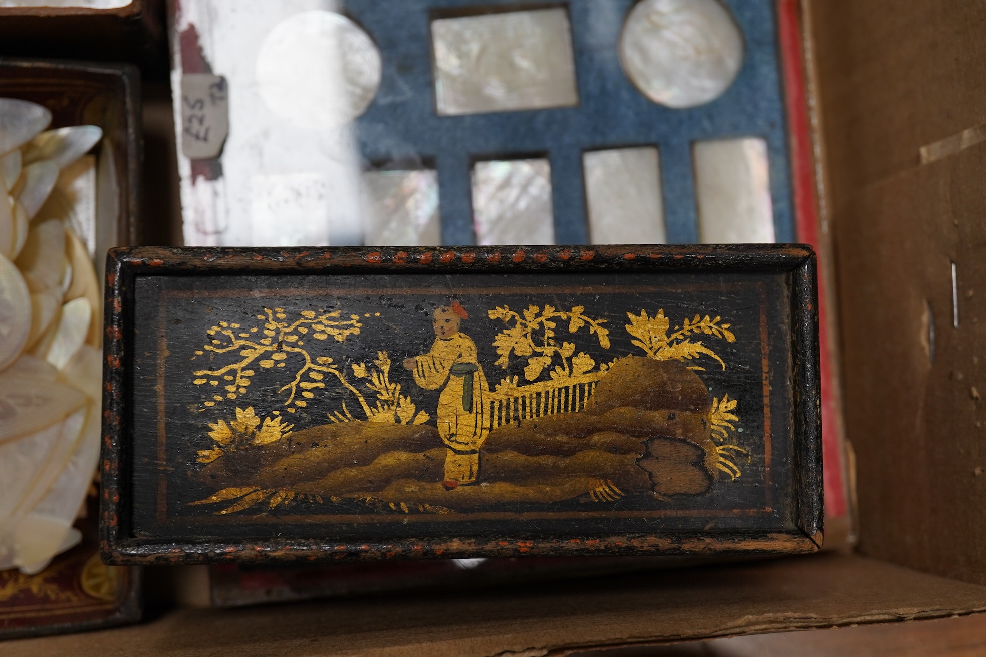 A group of 19th century Chinese mother of pearl gaming counters and accessories, together with a miniature silver cased compass